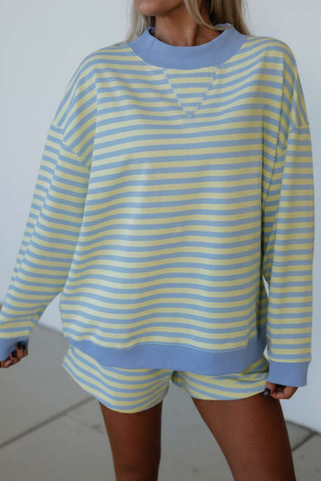 Gele streep kleurblok detail lange mouwen trui elastische taille aantrekshorts set van 2 stuks