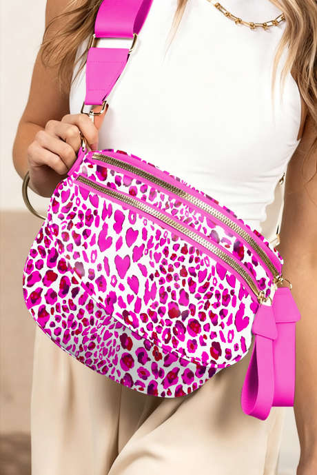 Růžovočervená leopardí crossbody kabelka s dvojitým zipem