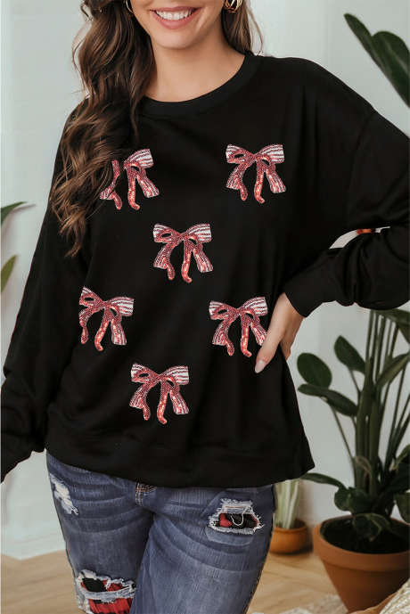 Sweat-shirt à épaules tombantes orné d'un nœud en ruban à sequins noirs, style Noël, LC25320952-2