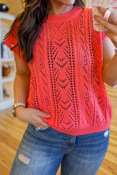 Tomato Red Openwork Patterned Hollow-out Short Sleeve Sweater Top