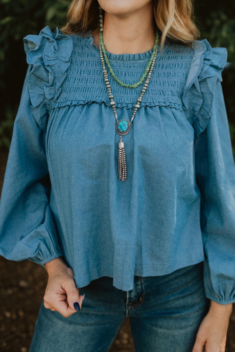 ダスクブルー無地長袖フリルシャーリングディテールレディースブラウス