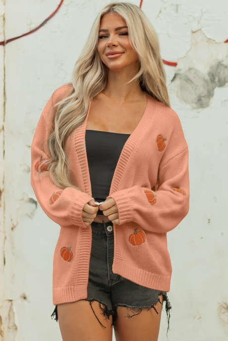 Cardigan midi con spalle scese e stampa zucca giallo paglierino