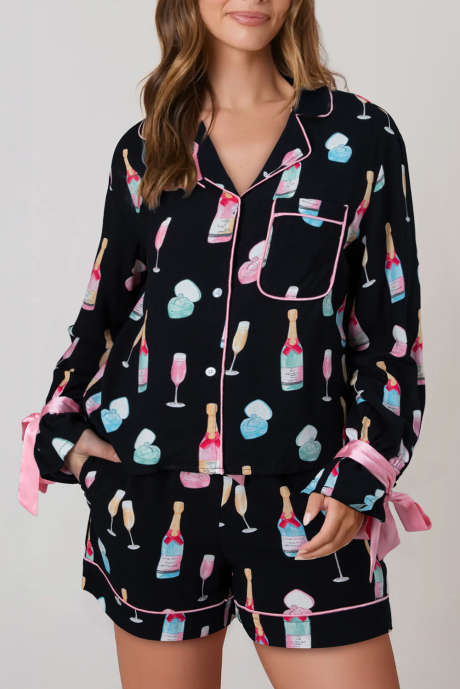 Kleur zwart Kerst wijnglas print strik knoop tweedelige pyjamaset LC151149-P202