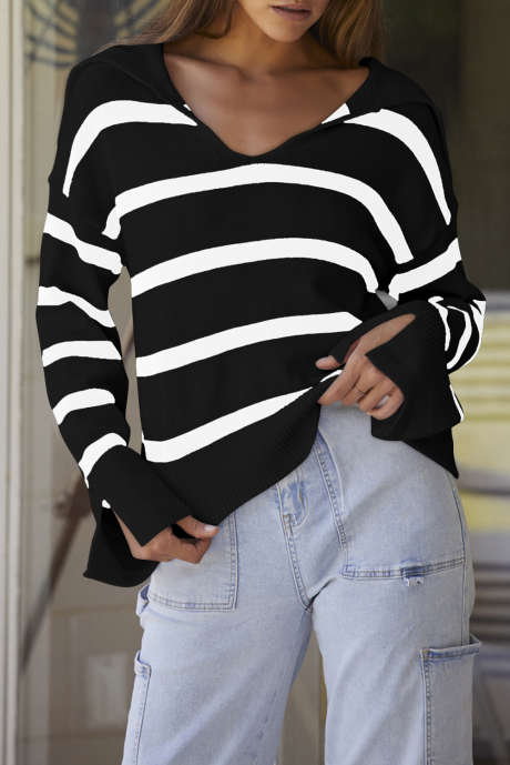 Black Caped V Neck Slit Sleeve Striped Sweater LC2722919-2