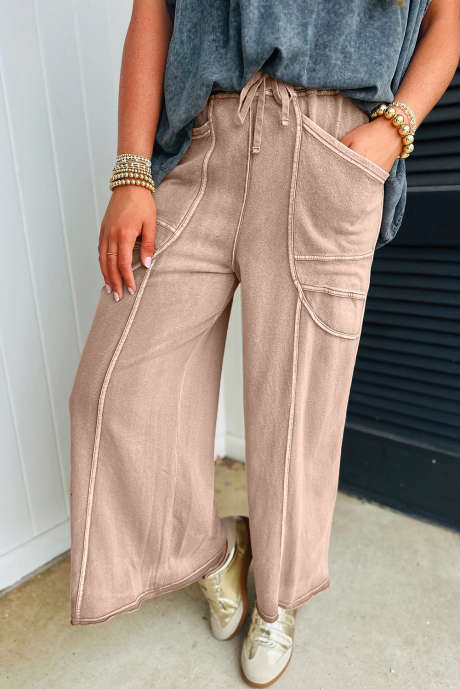 Einfarbige Hose mit weitem Bein und Paspelierung in Mineralwaschung in Rauchgrau