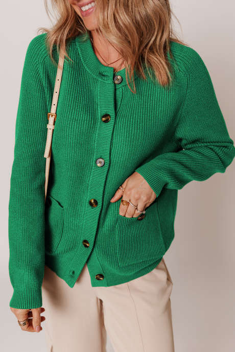 Dark Green Chunky Buttoned Front Round Neck Cardigan Sweater