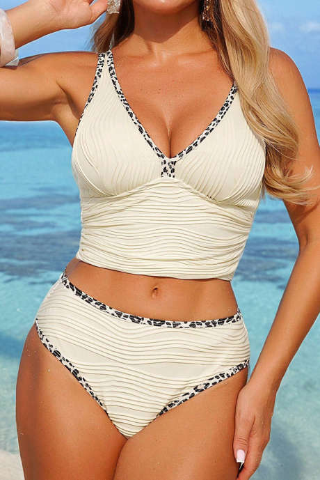 Бежевый текстурированный контрастный леопардовый купальник-бикини с V-образным вырезом, комплект из 2 частей