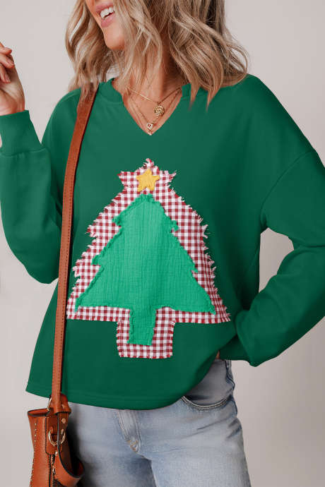 Moletom com capuz e ombros caídos, xadrez, desfiado, duplo, árvore de Natal, remendado