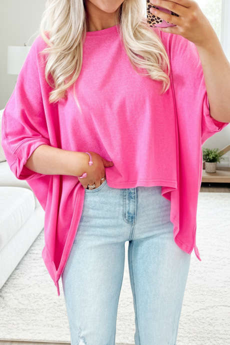 Bright Pink Solid Color Round Neck Loose Dolman Tee