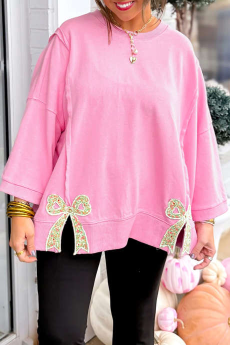 Pink Floral Bow Patched Exposed Seam Patchwork Slit Baggy Sweatshirt