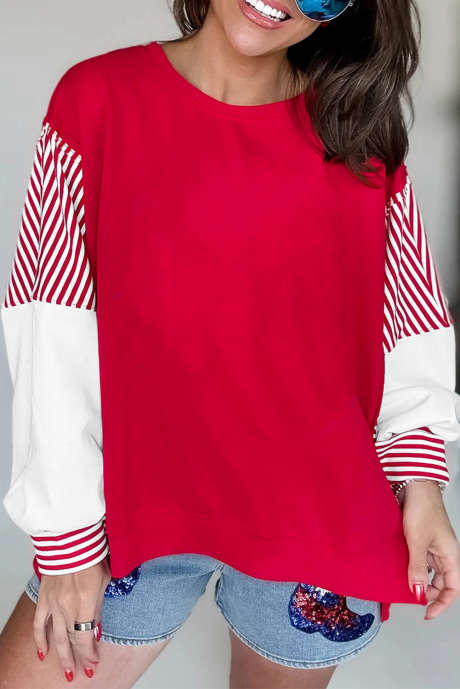 Feuerrot gestreiftes Sweatshirt mit Patchwork-Ärmeln und Colorblock