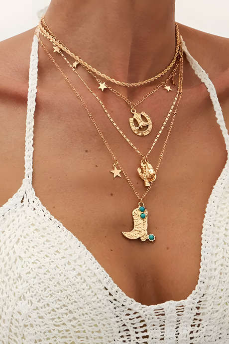 Комплект из 4 золотых ожерелий с подвесками в виде сапог из бирюзы и сплава в стиле вестерн