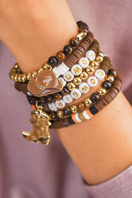 Kaffeebraunes HOWDY COWGIRL Western-Perlenarmband-Set, 7-teilig, BH014494-P1017