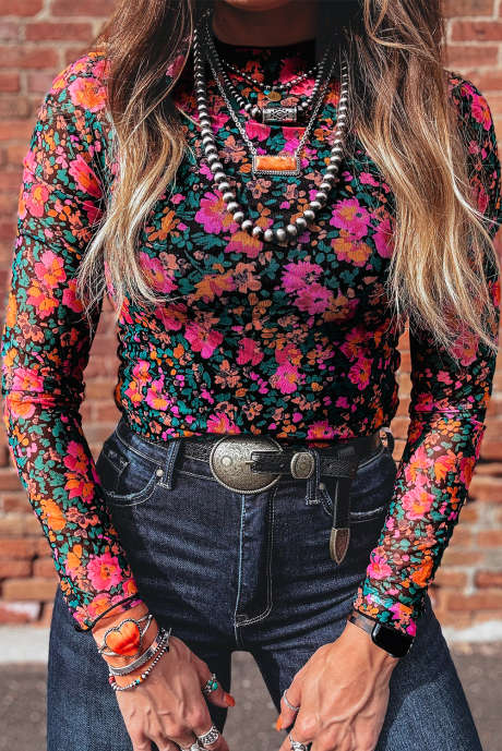 Top ajustado de manga larga con cuello alto y estampado floral de Rose