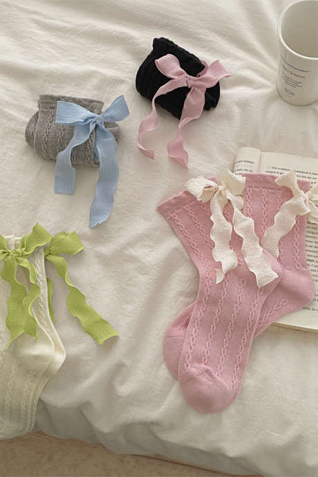 Rosa, 5 Paar strukturierte Stricksocken mit kontrastierendem Schleifendekor