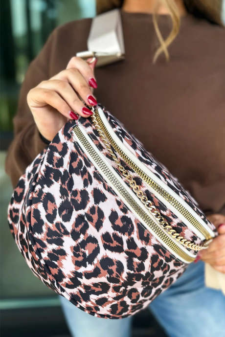 Kaštanová leopardí crossbody kabelka z umělé kůže s dvojitým zipem