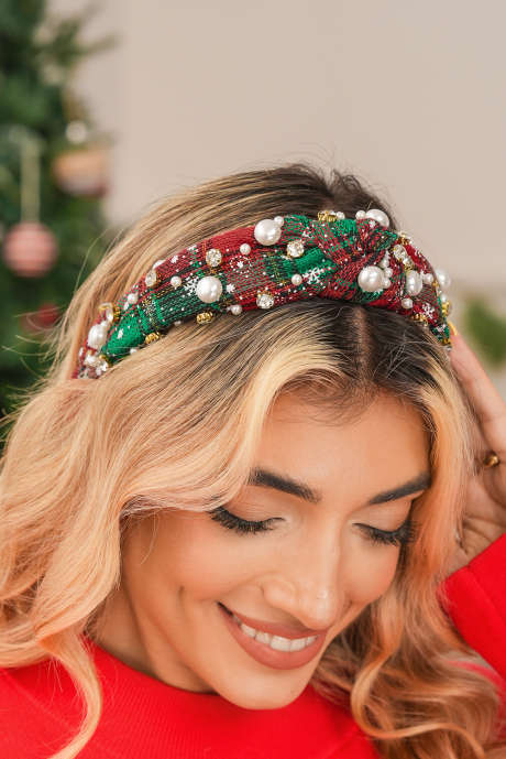 Bandeau à nœud orné de perles et de strass en tweed à carreaux vert foncé BH043509-P209