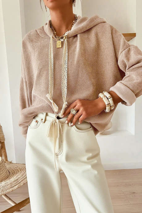 Sweat à capuche ample en dentelle texturée thermique décontractée avec cordon de serrage LC25320255-P7016