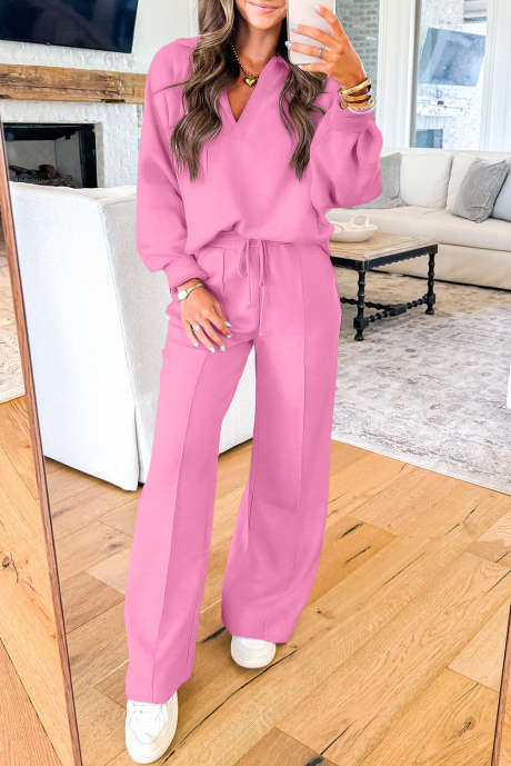 Ensemble pull col polo rose vif à col en V et pantalon de survêtement à cordon de serrage