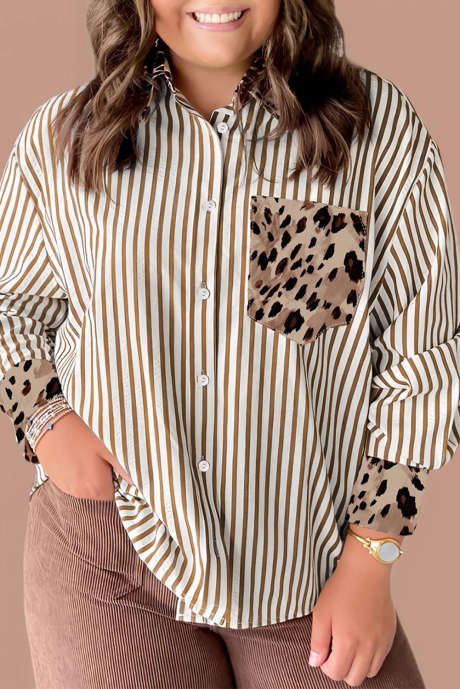 Camicia a maniche lunghe con polsini, tasca sul petto, colletto con toppe leopardate marroni, taglie forti
