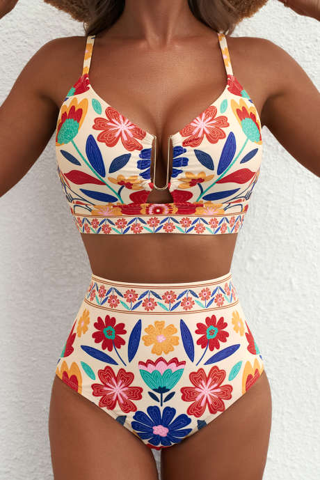 Ensemble bikini taille haute à col cranté et imprimé floral orange/à carreaux/léopard