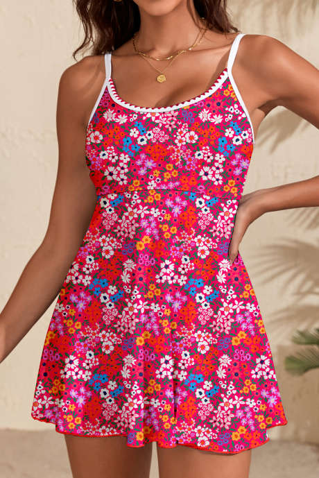 Růžové květinové potisky, jednodílné plavecké šaty s lemováním Ricrac a špagetovými ramínky