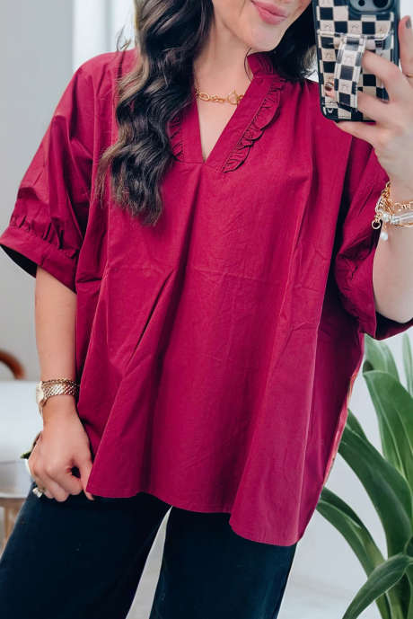 ピタヤ ピンク 無地 フリルトリム Vネック 半袖 ブラウス