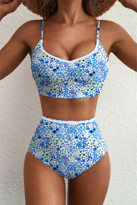 Modre cvetlične kopalke s čipkastimi obrobami in nabranimi pasovi