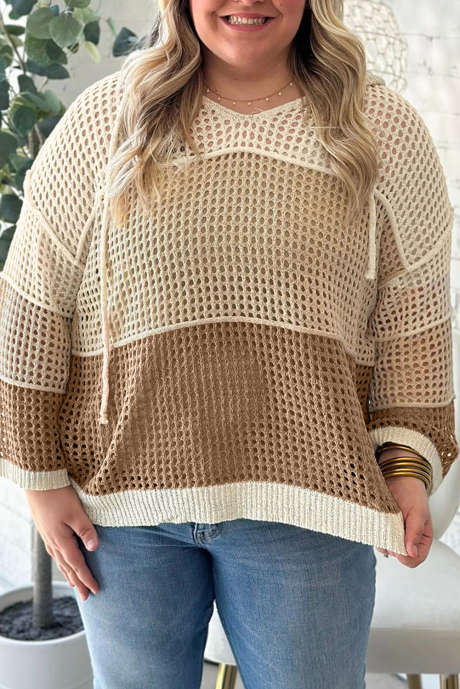 Maglione con cappuccio in maglia traforata color block pergamena taglie forti