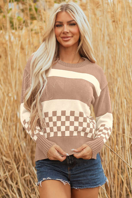 Pull tricoté à épaules tombantes et à carreaux gris fumé