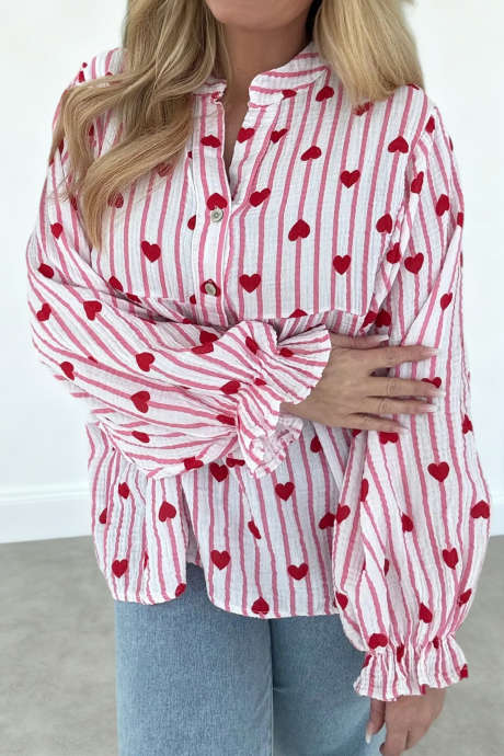 Рубашка из хлопчатобумажной ткани в розовую полоску с фактурным принтом в виде сердца и длинными рукавами-воланами