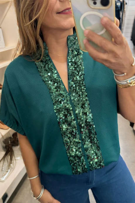 Chemisier Skobeloff uni en sergé côtelé à empiècements de sequins et col en V