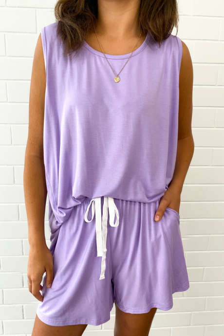 ラベンダー ラウンドネック チュニック タンクトップ ドローストリング ゴムウエスト ショーツ 2点セット
