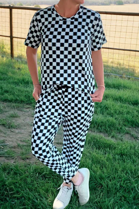 ブラックチェック柄プリントカジュアルTシャツ＆ドローストリングパンツ 2点セット