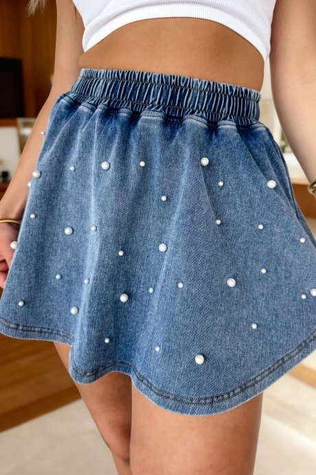Ashleigh Blue Denim Pearl Embellished Elastic Waist Mini Skort