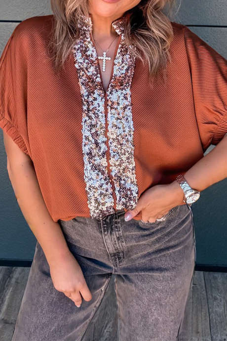 Chemisier à col en V en sergé côtelé couleur cannelle uni orné de sequins