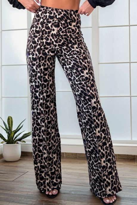 ブラウンのヒョウ柄ハイウエストエレガントシフトパンツ