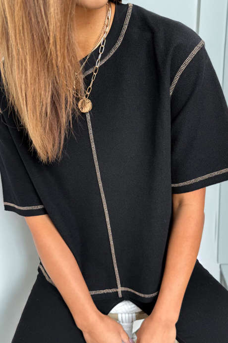 Black Exposed Seam Detail Short Sleeve Loose Tee