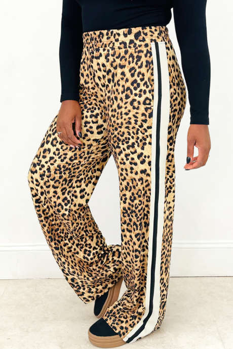 カーキワイルドレオパードプリントコントラストサイドパネルアクセント伸縮ウエストパンツ