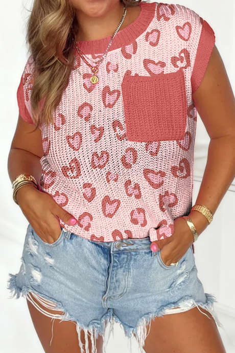 ピンクフラワーハートチェック柄プリント シングルチェストポケット セーターベスト