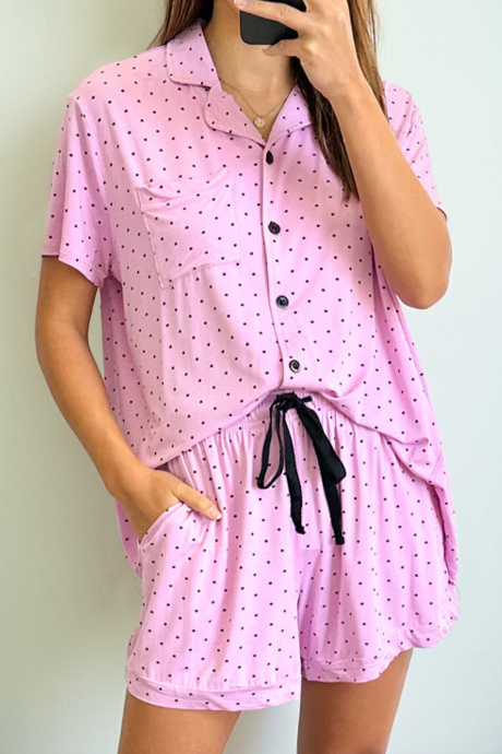 ボンボン ドット柄 半袖 ルーズシャツ ドローストリング パジャマ 2点セット