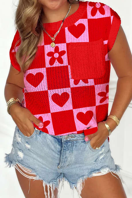 レッドフラワーハートチェック柄プリント シングルチェストポケット セーターベスト