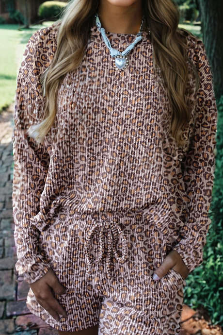 Ensemble 2 pièces haut côtelé à manches longues et short à cordon de serrage, motif léopard kaki