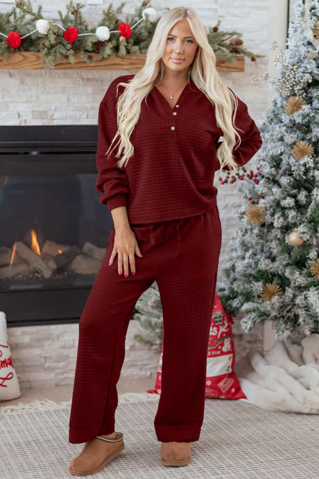 Rode Dahlia gewafelde textuur ruwe rand patchwork 2-delige losse broekset