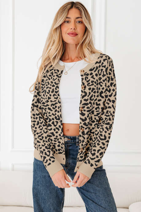 Cardigan en maille épaisse à épaules tombantes et motif léopard noir LC2712254-P220