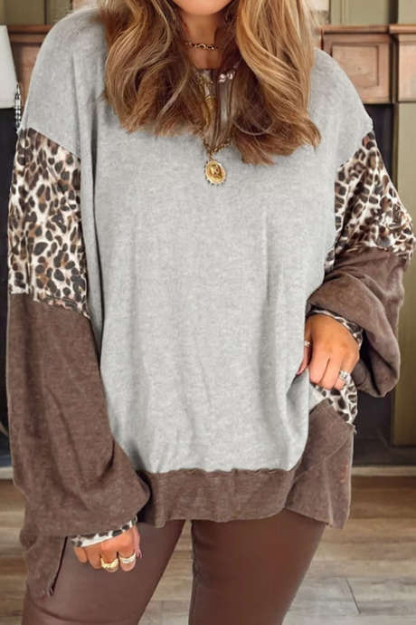 Grijze kleurblok luipaard patchwork dolman mouw hoog laag baggy sweatshirt