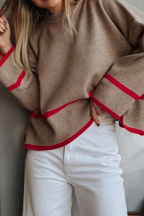 Simply Taupe Rippstrick-Pullover mit kontrastierenden Streifendetails und seitlichen Knöpfen, lockerer Schnitt, LC2727629-P6017