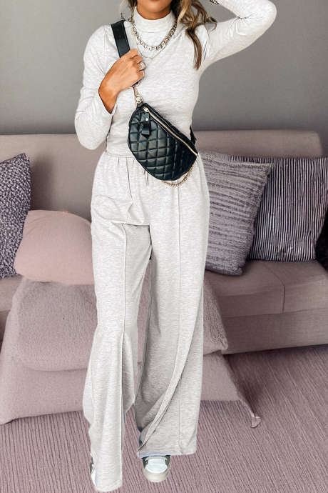 Ensemble haut slim gris clair à manches longues et col haut, taille froncée, pantalon à couture centrale