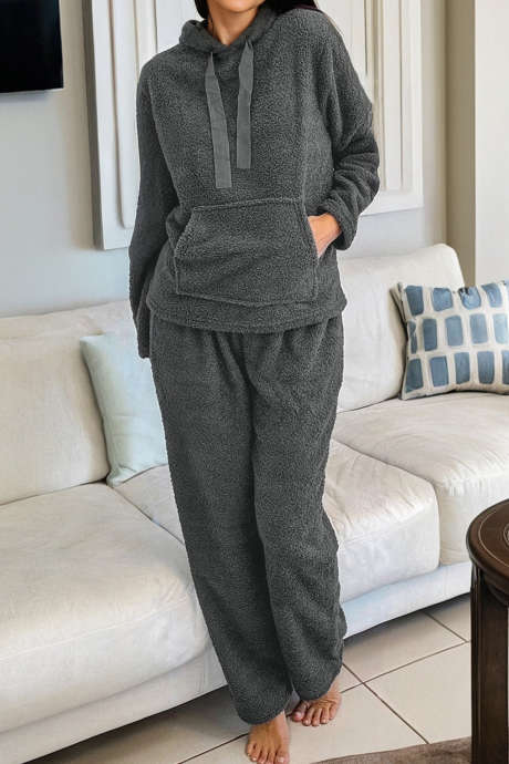 Middelgrijze fuzzy trekkoord hoodie loungebroek set van 2