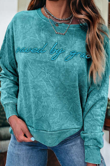 Sweat-shirt ample délavé minéral avec broderie de lettres Sea Green sauvé par Grace